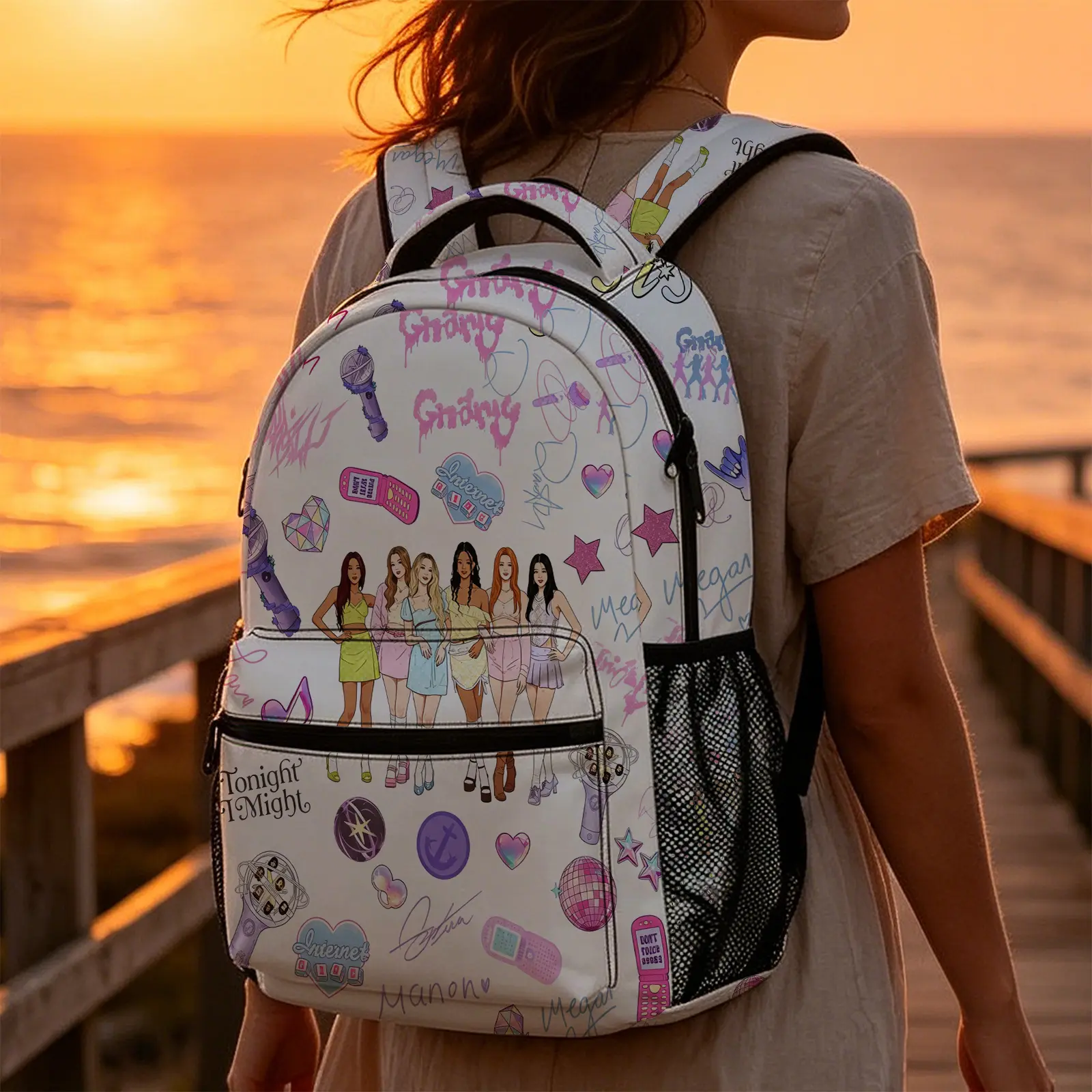 Katseye Girls' Cartoon Doodle Backpack - Kpop Idol Y2K Aesthetic Daypack with Laptop Compartment, Teen Travel Bookbag