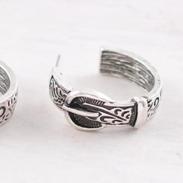Western Buckle Hoop Earrings 1.2" Post Back in 2 Styles Fashion Jewelry for Women