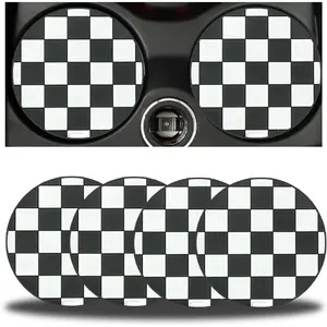 4 Pack  Cup Coasters, 2.75 Inch  Holder Cup Holder Insert Coaster, Anti-Slip Automotive Black White Grid and  Flag Drink Cup Mat, Universal Interior Accessories (Black/White)