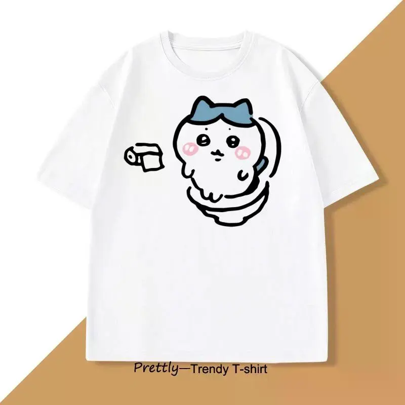 Men's Black Graphic T-Shirt with Funny Hachiware Print, Short-Sleeve Casual Loose Fit Breathable Cotton Knit Top