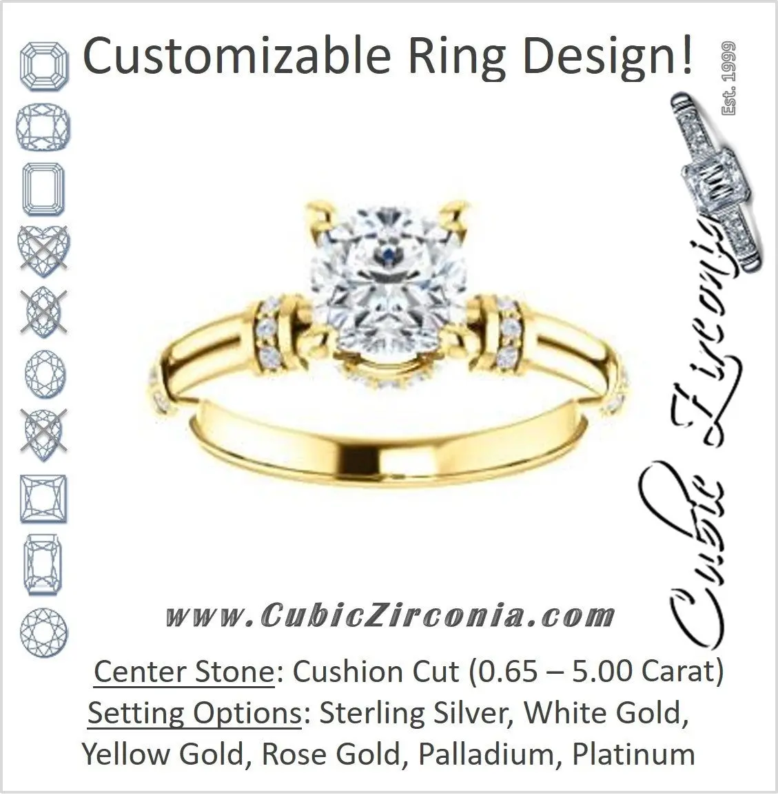 Cubic Zirconia Engagement Ring- The Jayla (Customizable Cushion Cut Style with Under-Halo & Horizontal Band Accents)