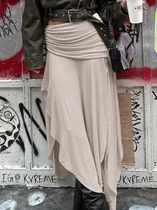 Vintage Style Irregular Low Waist Pleated Skirt, Vacation Wind Basic Solid Color Split Long Dress, Women's Fashion Casual Wear, Flowy Pleated Skirts, Stretchy Flared Skirt, Flared Skirt Design
