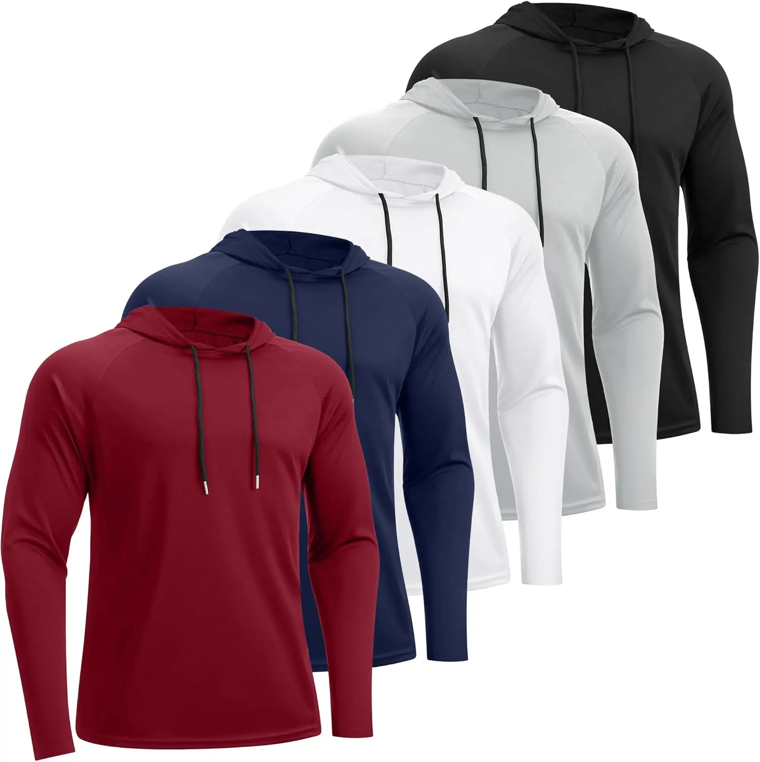 Men's 5-Pack Long Sleeve UPF Sun Protection Drawstring Hoodie Shirts - Casual Wear, Moisture-Wick, Outdoor Sports Fishing Hiking Athletic Shirts, Five Pieces