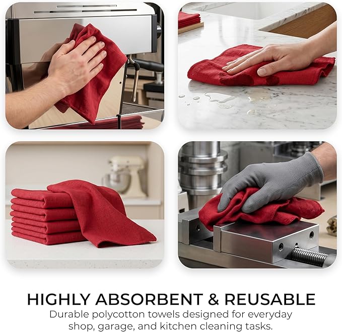 HURBANE HOME 50-Pack Red Reusable Polycotton Shop Towels, 14x14 in Rectangle Cotton Rags, Highly Absorbent Lint-Free Cloths for Automotive Car Washing & Maintenance, Easy to Wipe Clean