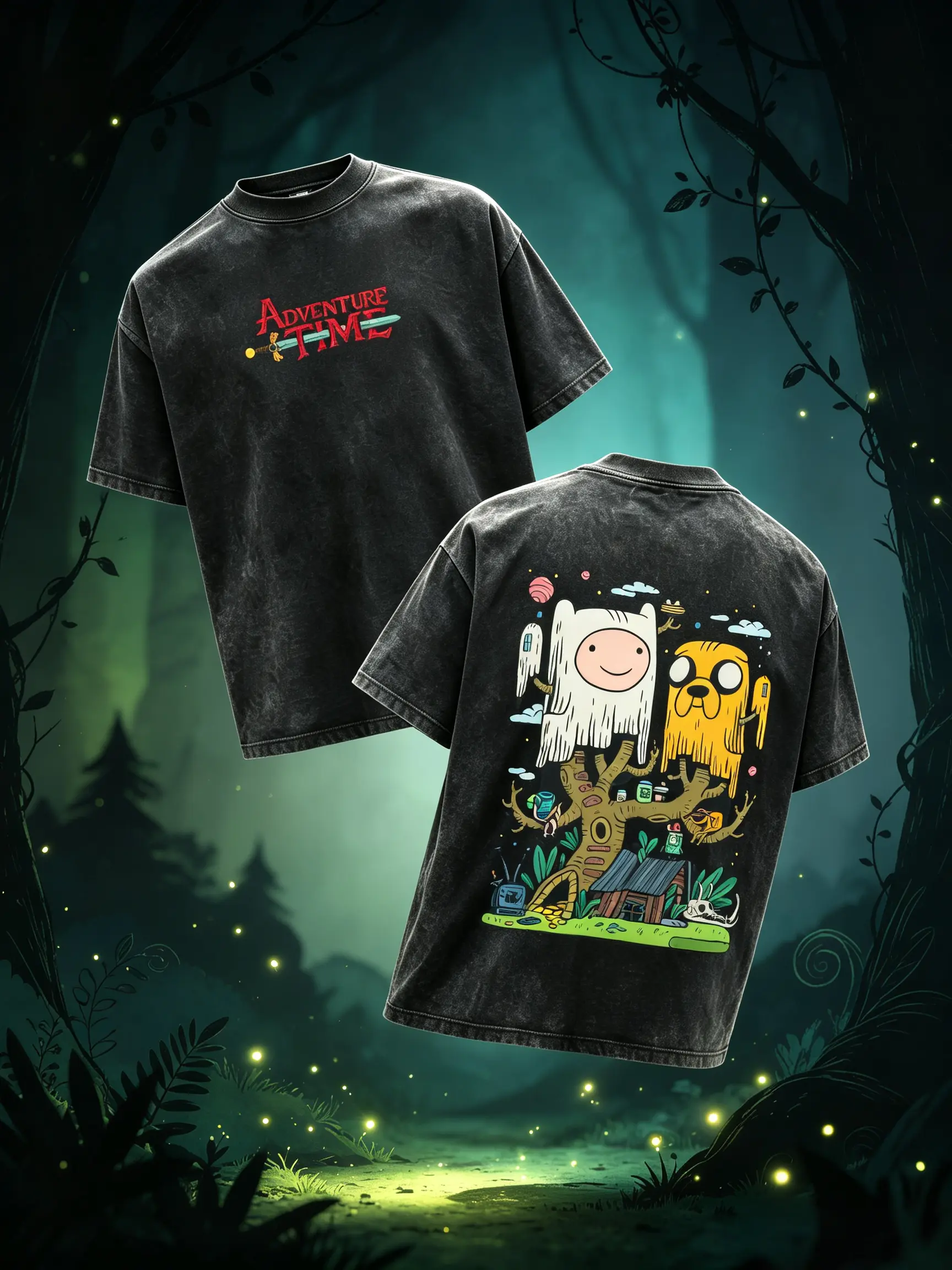 Men's Adventure Time Finn & Jake Whimsical Art Retro Washed Oversized Relaxed Fit Short-Sleeve Tee, Nostalgic Streetwear Casual Top, Vintage Menswear Graphic Shirt to Pair with Jeans