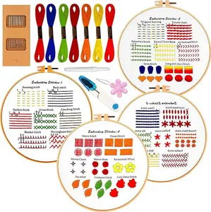 Fashhut 4-Set Embroidery Kit for Beginners with Hoop, Thread, Needles & Patterns | DIY Punch Needle & Cross Stitch Kits for Adults & Kids | Tutorial Videos Included