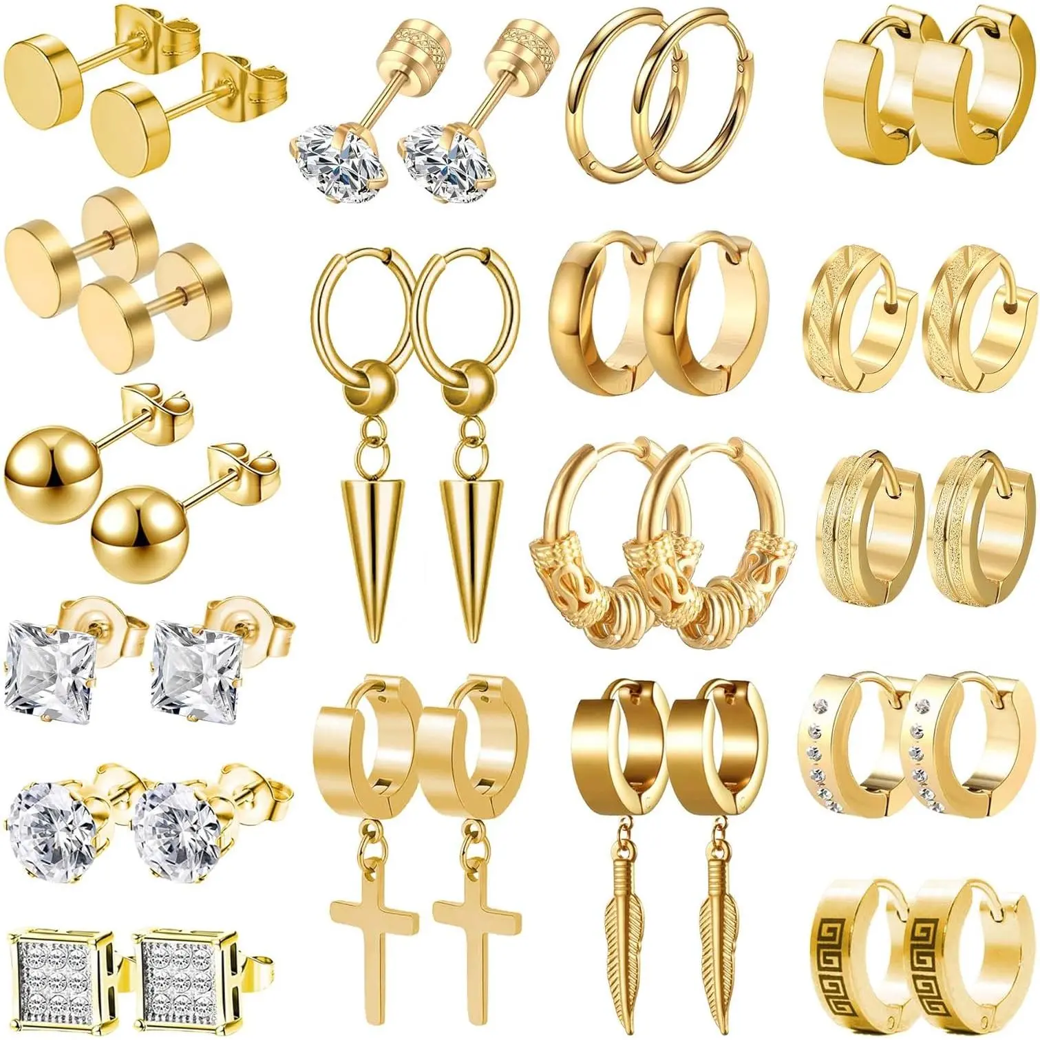 Earrings for Men, 18 Pairs Mens Earrings Hoop  Earrings for Men Stainless Steel Stud Cross Dangle Hoop Earrings Set Fashion Piercing Jewelry