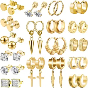 Earrings for Men, 18 Pairs Mens Earrings Hoop  Earrings for Men Stainless Steel Stud Cross Dangle Hoop Earrings Set Fashion Piercing Jewelry