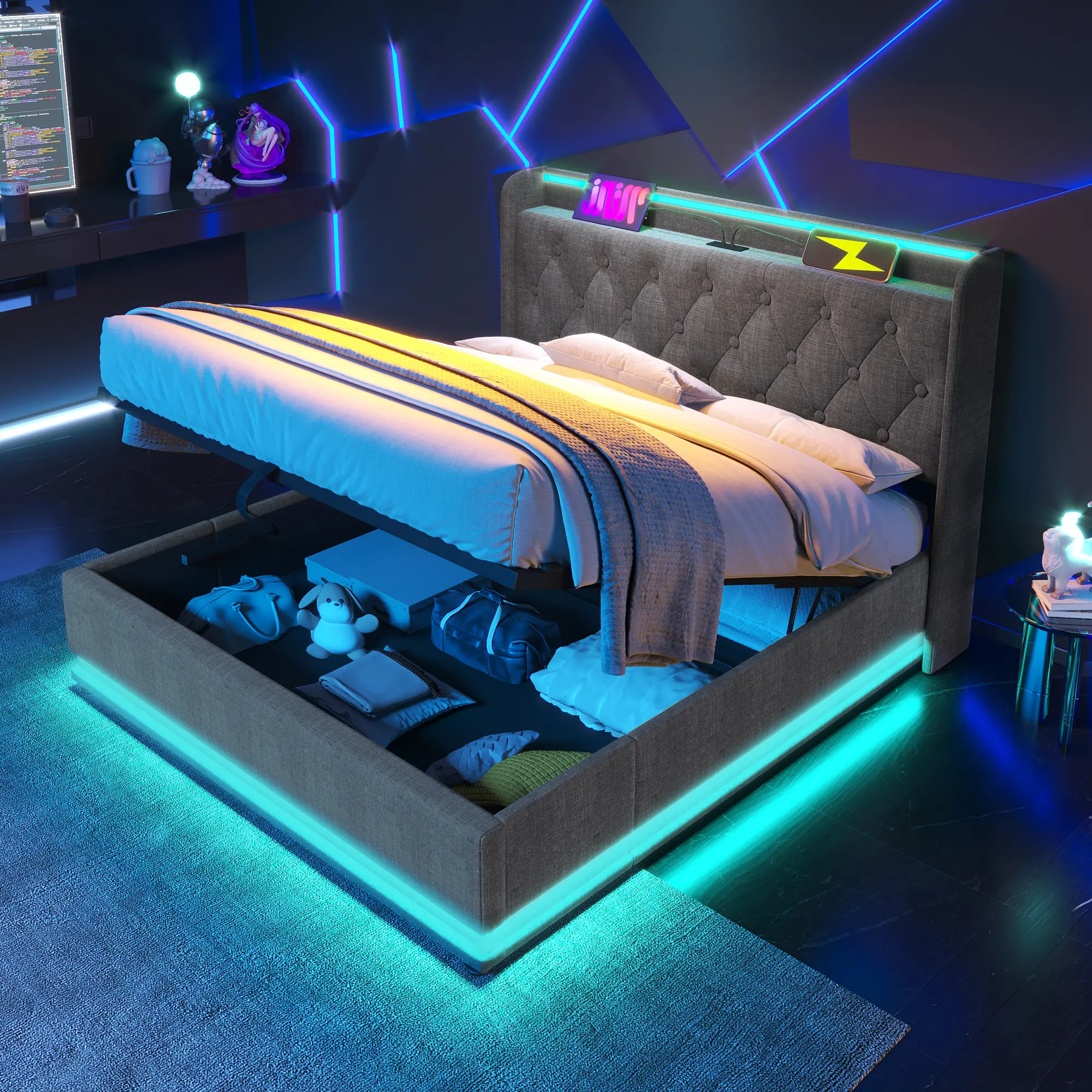 Upholstered Full Size Bed with Lift Up Storage & LED Lights, Hydraulic Storage Bed with USB Type-C Charging, Linen Full Bed Frame with Headboard, Gray
