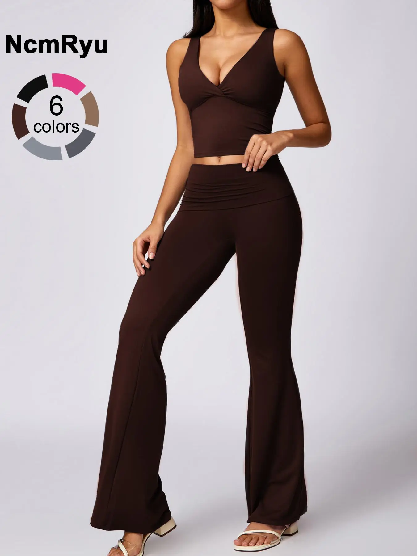 Women's High Elastic Soft Deep V-neckline Beautiful Back Bra Beveled Edge Turnable Wide Leg Pants Yoga suit Outdoor Running Cycling Walking Fashion su
