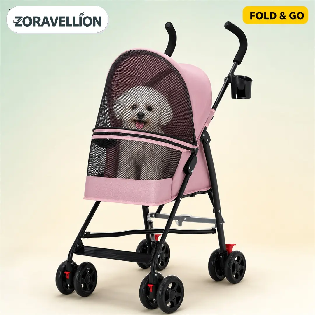 Zoravellion Foldable Pet Stroller for Small Dogs and Cats, Lightweight 4-Wheel Puppy Cat Stroller with Breathable Mesh, Easy Entry, Storage Basket, Pink