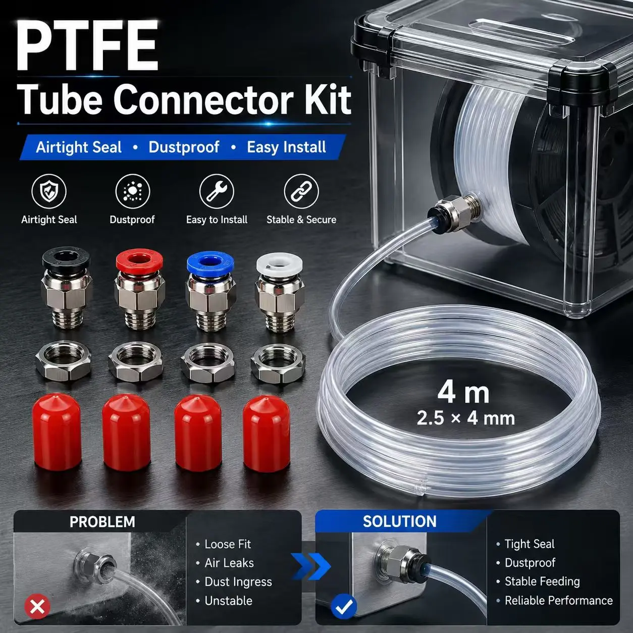 3D Printer Filament Dry Box Connector Kit with 4m PTFE Tube, 4 Push-to-Connect Fittings, Lock Nuts & Dust Caps, 2.5mm ID x 4mm OD Smooth Feed Tube for 1.75mm Filament Storage, DIY Dry Boxes & Printing Setups