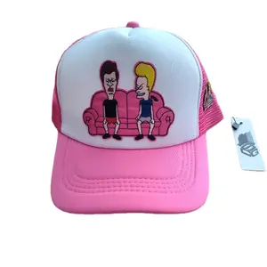 Urban Brims Beavis and Butthead Trucker Hat Pink and White Mesh Design with Cartoon Characters
