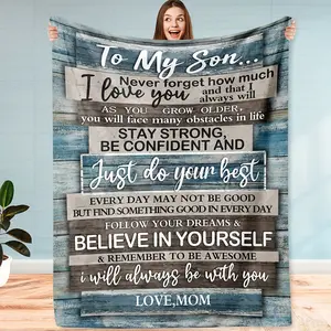 1Pc Flannel Blanket For Son, Polyester Cover With Rustic Wooden Plank Design, Warm & Cozy Throw For Couch, Bed, Sofa, All-Season Softness, 200-250 G/ ㎡ , Machine Washable, Multipurpose Use, Traditional-Style With Inspirational Quotes