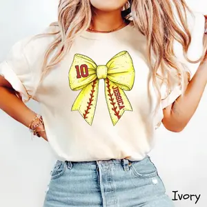 Comfort Colors Custom Softball Bow Shirt, Softball Mom Shirt With Kids Name & Jersey Number, Softball Wife shirt, Cute Softball Mama Shirt