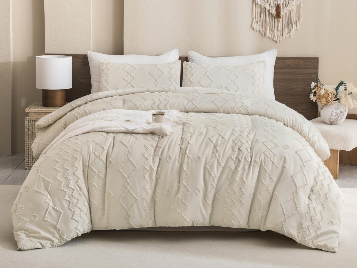 Andency Boho Queen/King Comforter Set 3 Pieces  Decorative Bedding Set Farmhouse Shabby Chic Embroidery Bedding GentleSoft Breathable for All Seasons Gifts