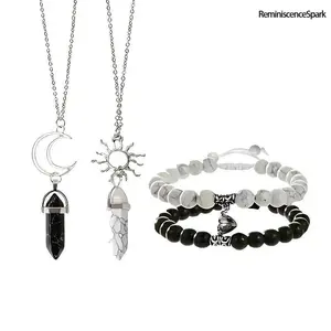 4-Pcs Synthetic Jade Sun Moon Magnetic Bracelets – Turquoise Beaded Matching Design, Perfect Long Distance Couple & Friendship Gifts for Men Women Daily Wear