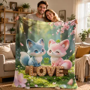 Cute Fox Plush Blanket – Soft Fleece Throw for Kids & Adults, Cartoon Animal Love Design, Cozy Bed & Sofa Decor
