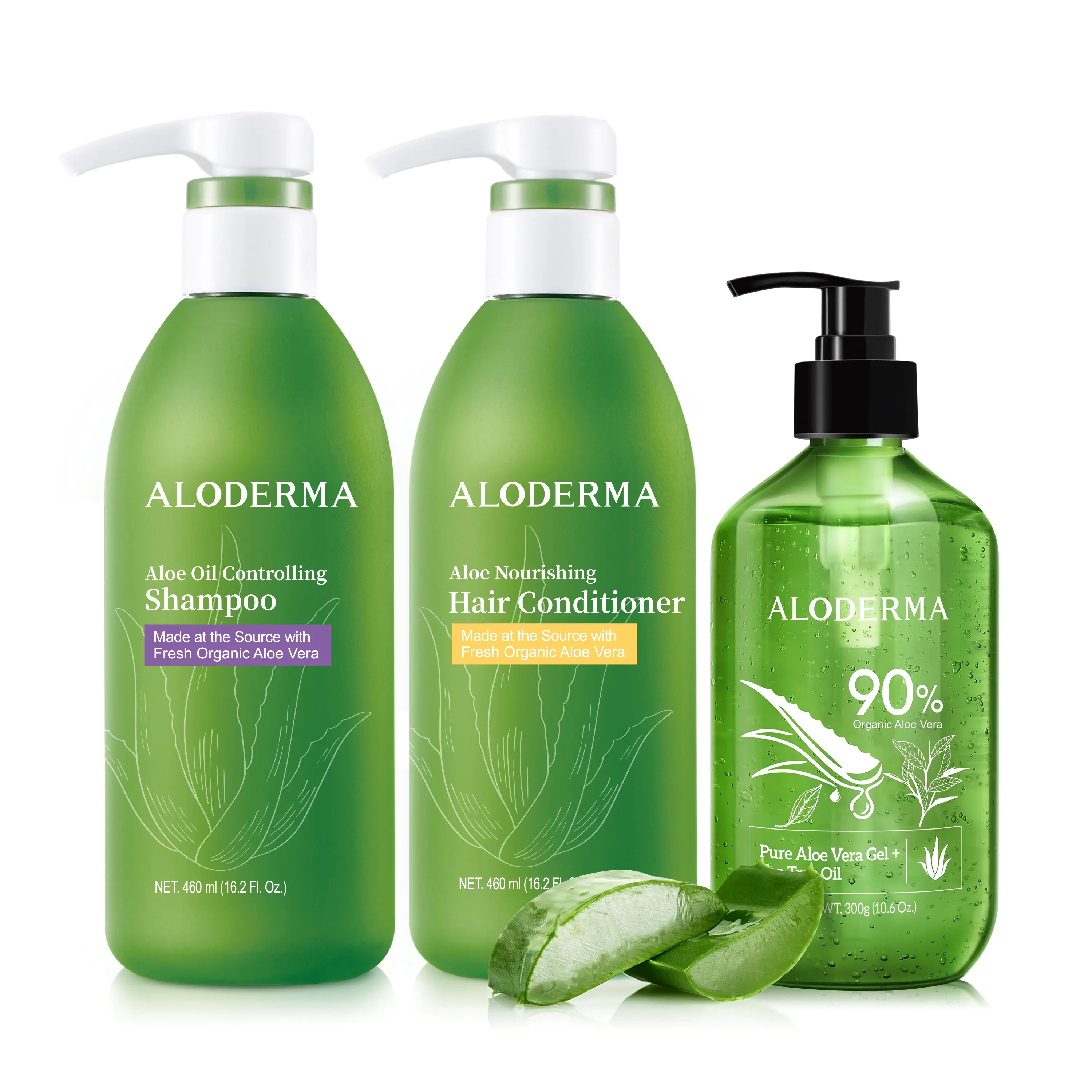 Aloderma Organic Hair & Body Care Set - Haircare Cleanser (Oil Controlling Shampoo), Nourishing Conditioner, 300g Calming Aloe Vera Gel with Tea Tree Oil for Radiant Look, Scalp Care Routine, Strengthening Shampoo, Oily Hair