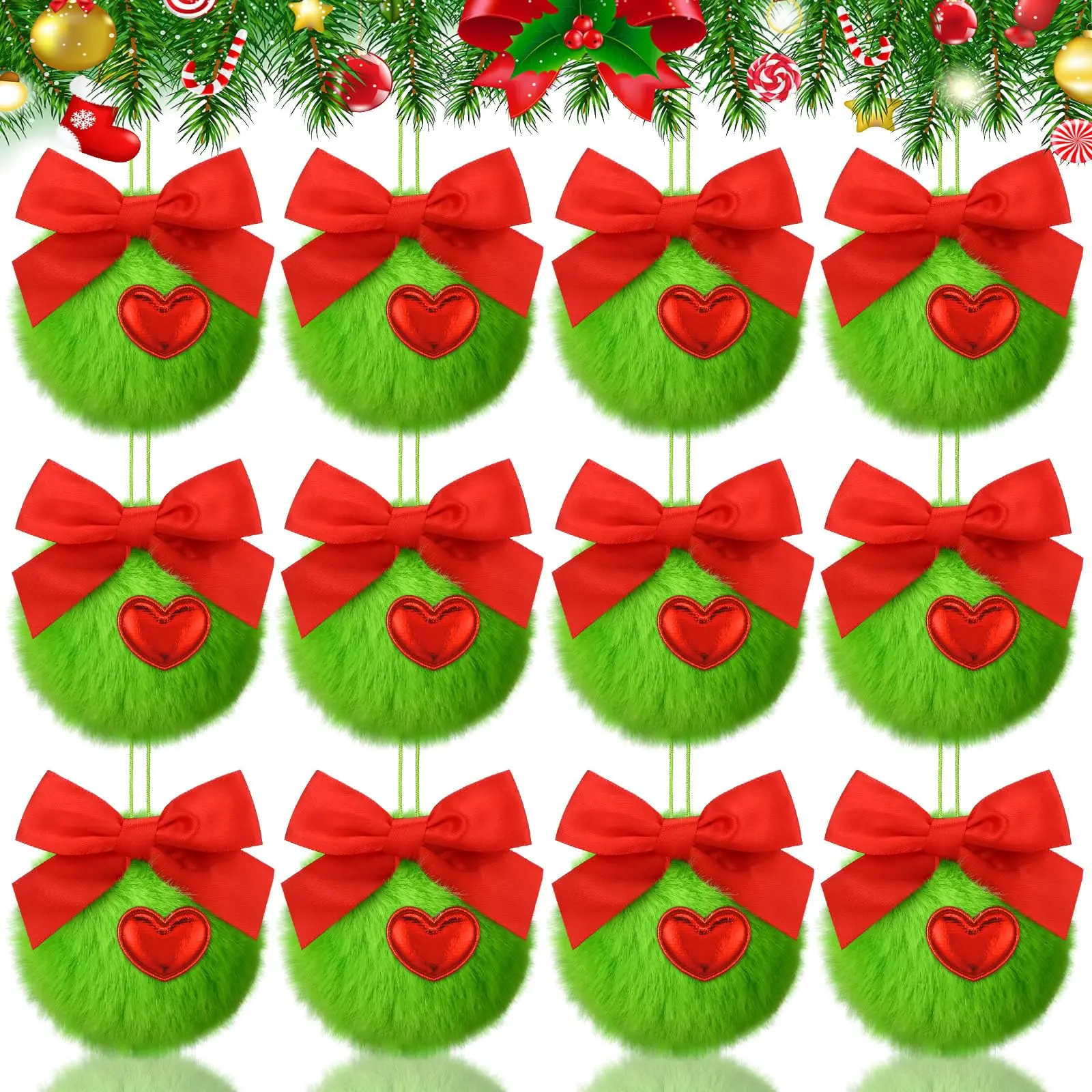 12 Pcs Plush Xmas Balls with Red Bows and Heart