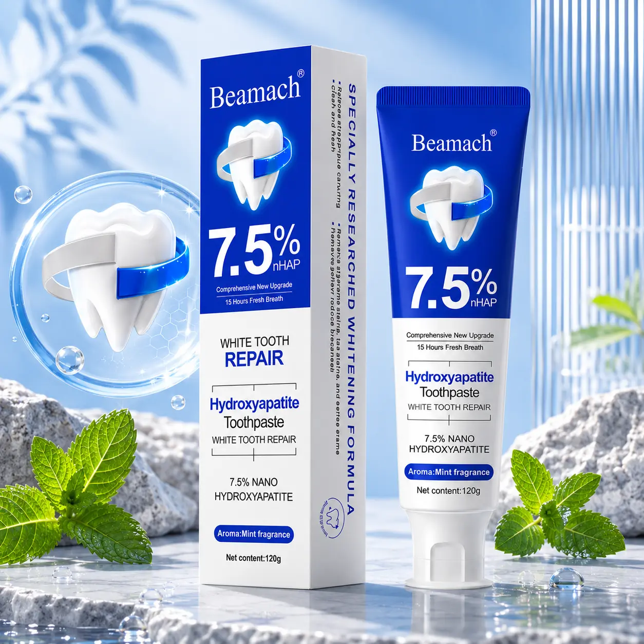 Beamach Nano Hydroxyapatite Toothpaste - Non-Fluoride, Natural Ingredient, Gentle Repair, Whitening, Stain-Removing, Sensitive Teeth Care, Tooth Loss Prevention, Daily Breath Freshening, Bacteria Killing, Anti-Cavity Oral Care, Clean Breath Toothpastes