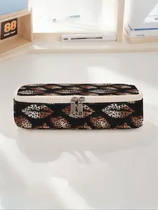 Leopard Print Lip Pattern Large Capacity Pencil Case, Durable Multi-Functional Storage Bag, Portable Zipper Organizer for School Office Supplies