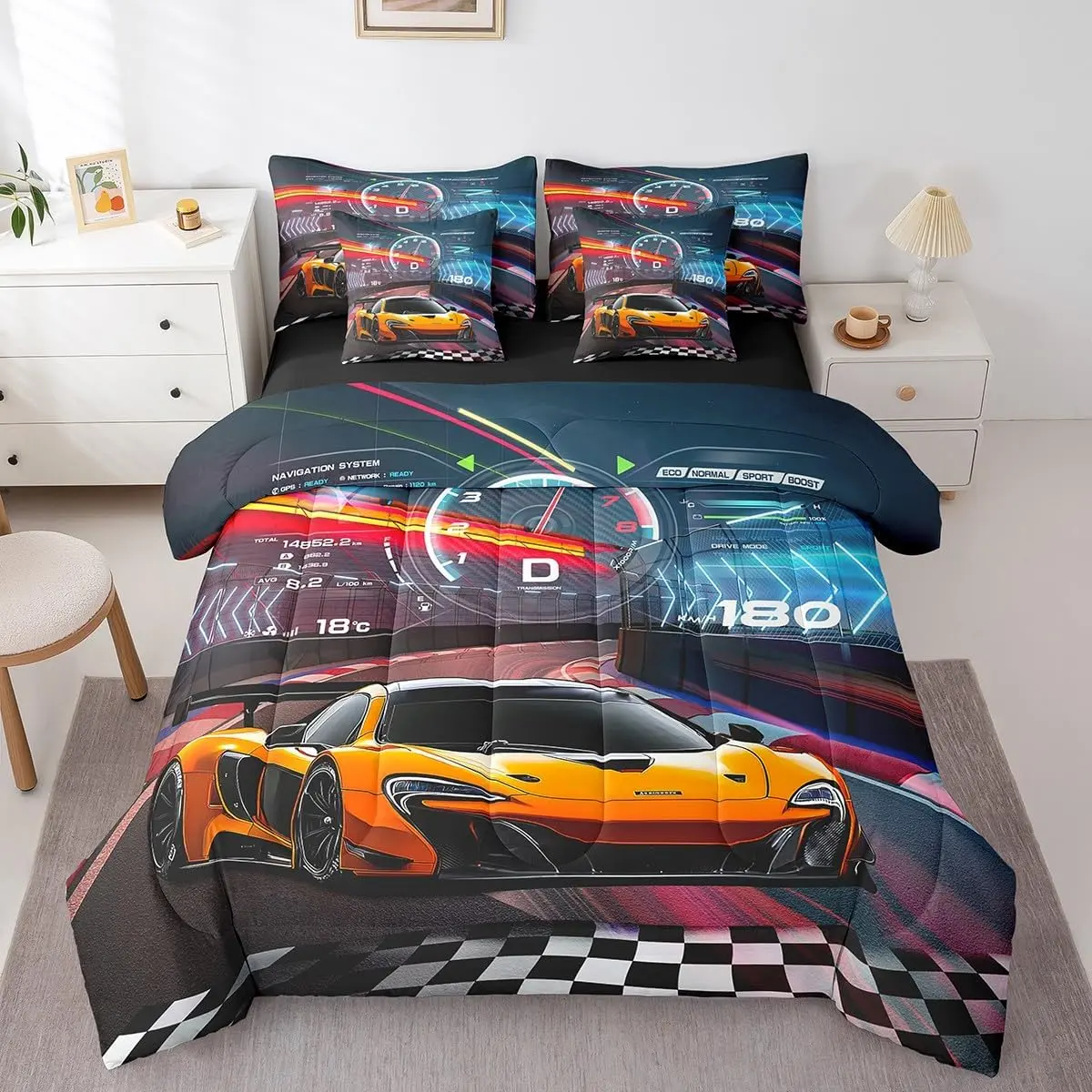 Feelyou Race Car 7-Piece Microfiber Bedding Set - Breathable Decorative Duvet Set Including Comforter, Pillowcases, Flat Sheet, Fitted Sheet, and Cushion Cover, Breathable Duvet Set