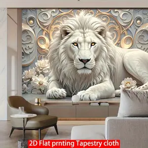 Majestic white lion background cloth, paired with gold, silver, and gray patterns along with white flowers, the patterns are exquisite and luxurious, with a strong decorative and artistic sense, Decoration, Tapestry Wall Mural, Wall Hanging Tapestry
