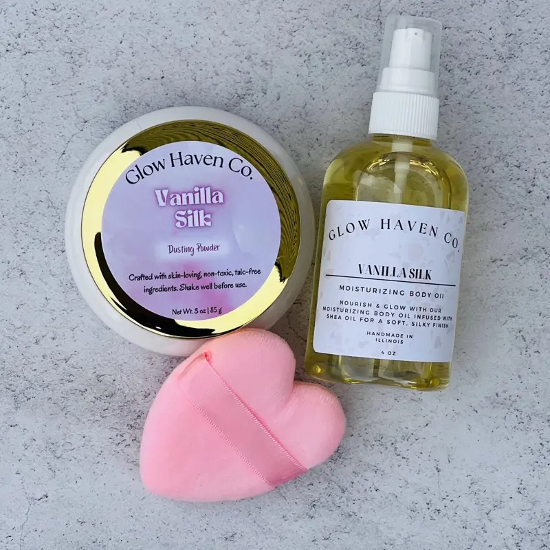 Glow Haven Co. Vanilla Silk Body Oil + Dusting Powder Set | Warm Vanilla & Brown Sugar Fragrance Set Gift Lightweight
