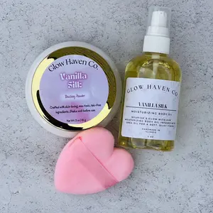 Glow Haven Co. Vanilla Silk Body Oil + Dusting Powder Set | Warm Vanilla & Brown Sugar Fragrance Set Gift Lightweight