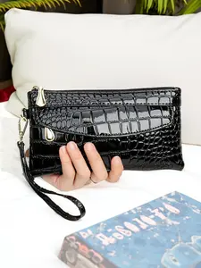 Women's Solid Color Crocodile Embossed Wristlet, Fashionable Zipper Clutch, Elegant Clutch, Simple Design Plain Color Pu Leather Wallet