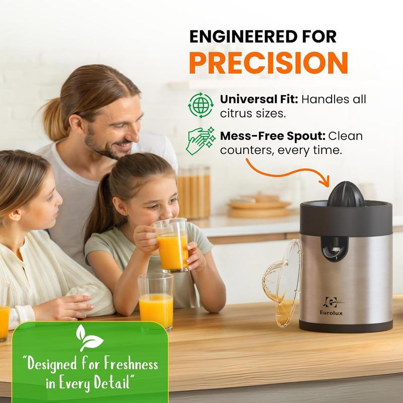 Eurolux Electric Citrus Juicer - Powerful Motor, Anti-Drip System, Dishwasher Safe Parts, Stainless Steel Housing, Automatic Start/Stop, for Orange, Grapefuit, Lemon, Lime,