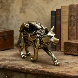 Brass Wolf Mech Statue, Detailed Joint and Bone Texture, Vintage Finish, Mechanical Style, Home Desk Decor, Versatile Ornament