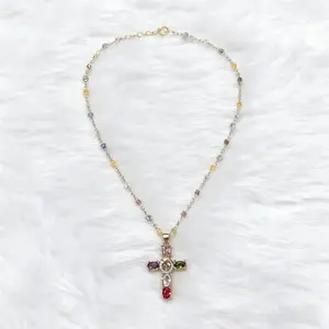 RAINBOW CROSS PENDANT Dainty Multicolor Faith Cross Necklace Vintage Glam Y2K Vibes for Daily Outfits Church Festivals Gold Circle Italian Charm Bracelet affordable price halloween holiday