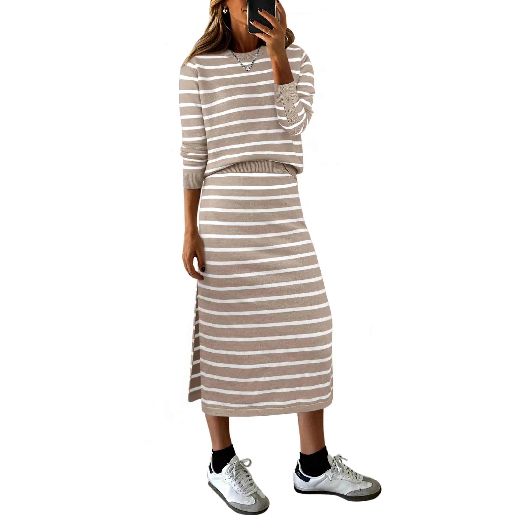 ANRABESS Women 2 Piece Outfits Striped Sweater Skirt Sets 2026 Fall Casual Long Sleeve Pullover Top Lounge Travel Midi Dress