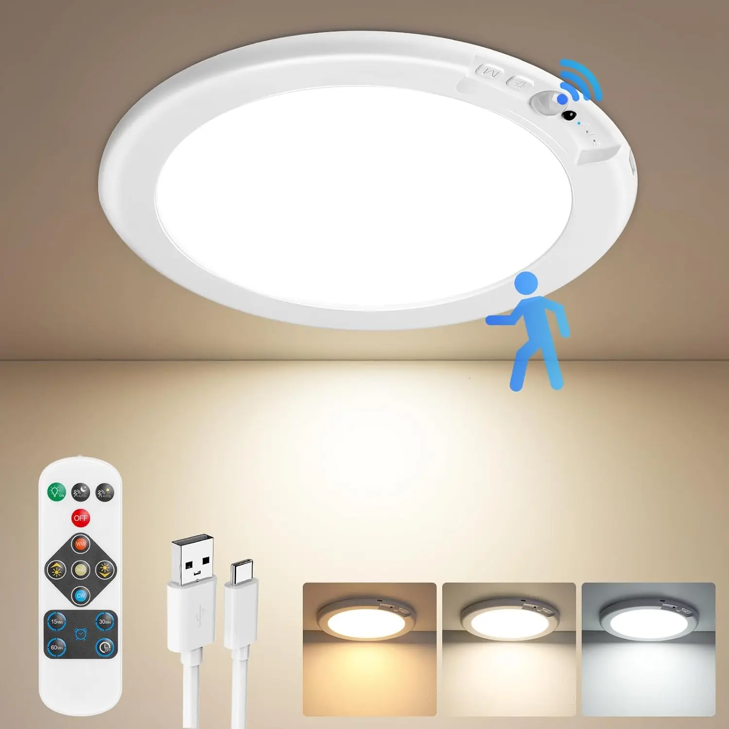 Rechargeable Motion Sensor Ceiling Light with Remote Control, Wireless Magnetic Battery Powered LED Light, Auto On/Off Closet Light for Stairs, Hallway, Bedroom & Pantry