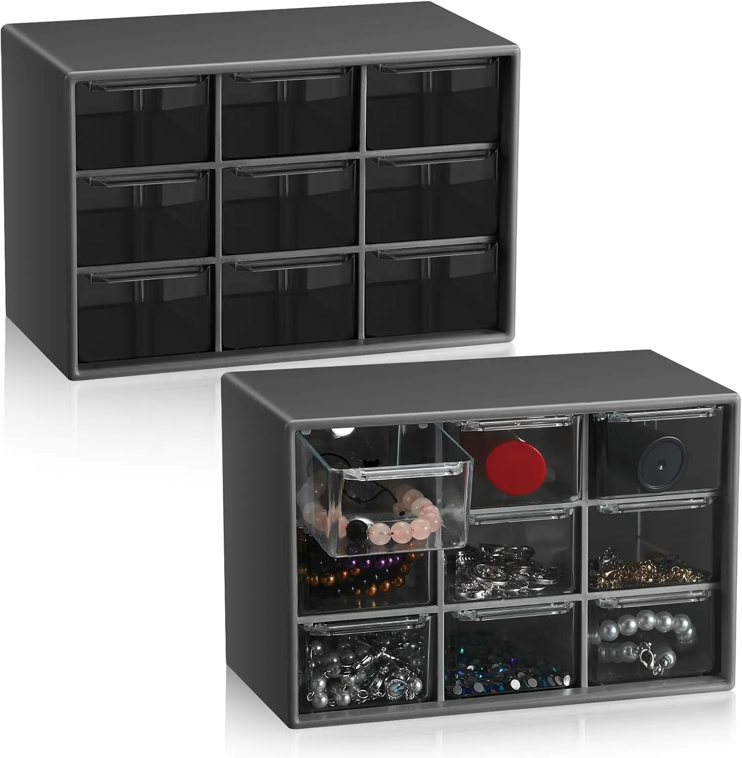 2 Pcs Mini Storage Drawers with 9 Clear Drawers,Black