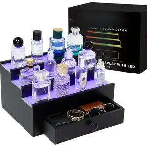 3 Tier Cologne Organizer with Drawer Valentine's Day  for Men, LED Light Wooden Perfume Stand with Remote Control, Cologne Shelf Stand Display Shelf for Skincare and Collectible Figures