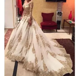 3/4 Sleeve V Neck Customized Gold A Line Bridal Dress