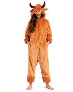 Highland Cow Onesie Pajamas, Unisex Animal Costume, Halloween Sleepwear for Women Men Loungewear Fluffy Fabric