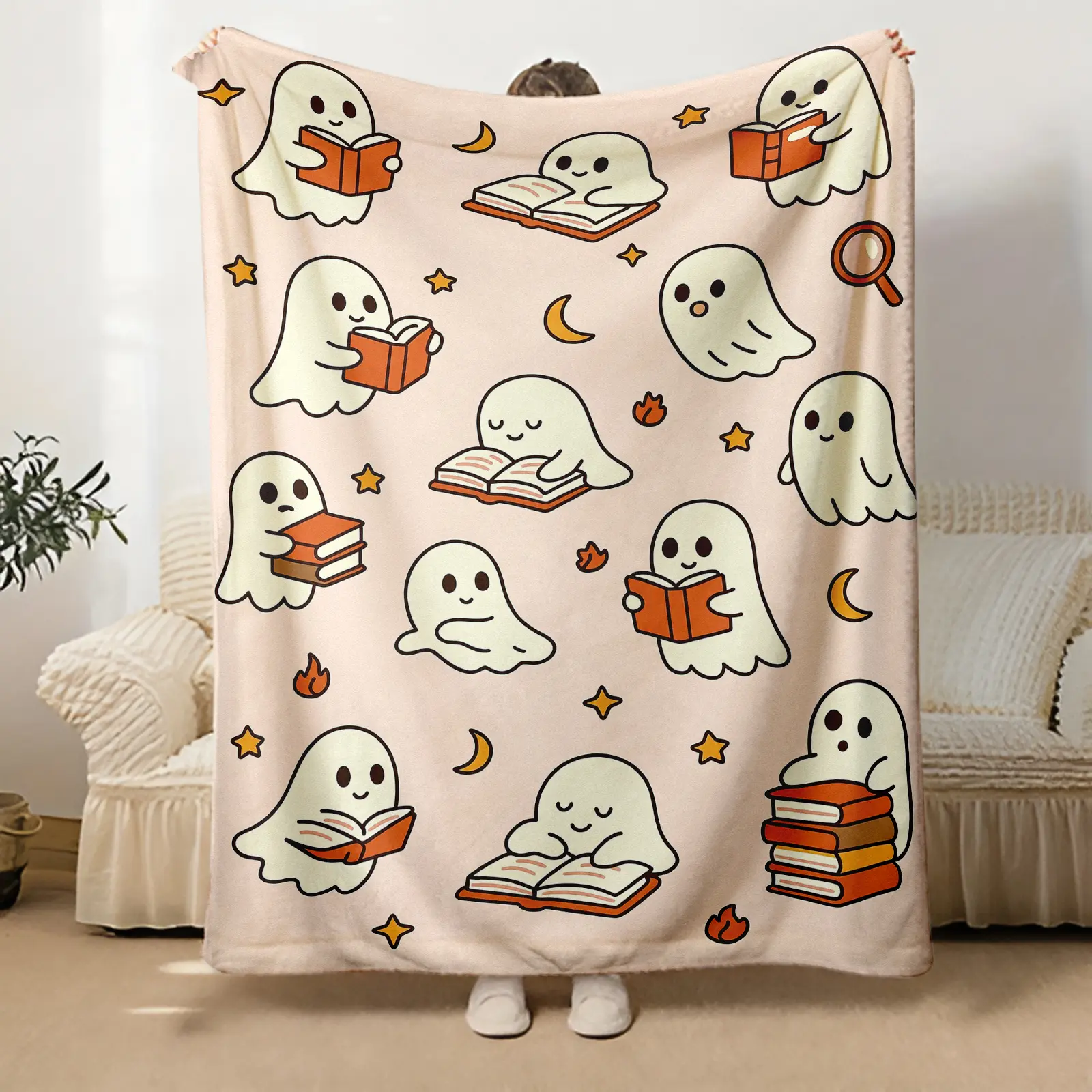 1pc Flannel Halloween Cute Ghost & Book Pattern Blanket, Soft Warm Seasonal Design, Suitable for Sofa-Bed Use, Ideal Autumn Home Gift for Halloween-Christmas Spooky Throw Cozy Cartoon shelf, Room Decor, House Decor, Couch Cover, One-Piece