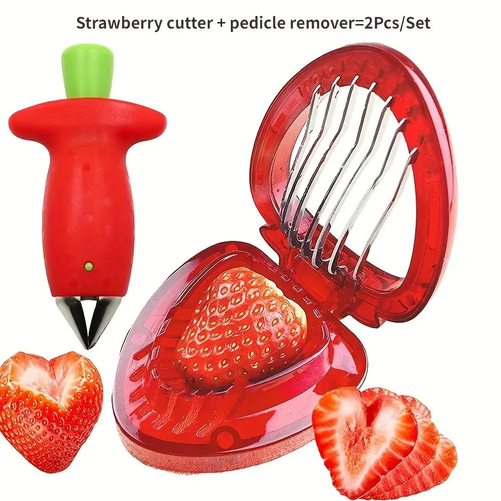 2pcs Strawberry Huller And Slicer, Innovative Tool for Strawberry Preparation, Stainless Steel Strawberry Slicer, Suitable for Strawberries And Cherries, Manual Fruit Processing Tool, Practical Kitchen Utensil