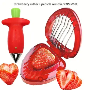 2pcs Strawberry Huller And Slicer, Innovative Tool for Strawberry Preparation, Stainless Steel Strawberry Slicer, Suitable for Strawberries And Cherries, Manual Fruit Processing Tool, Practical Kitchen Utensil