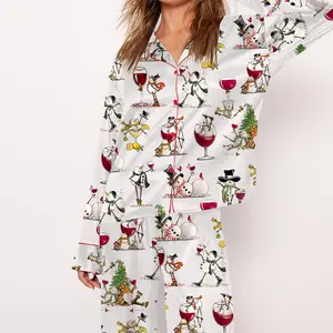 Christmas Winey Snowman Pajama Set For Women Print Comfy Satin Sleepwear & Loungewear Pjs - Bottoms Without Pockets - SHESHOW