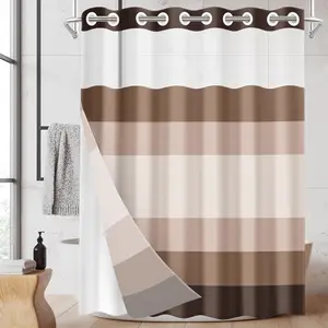 No Hook Brown Ombre Shower Curtain with Snap in Fabric Liner Set, Modern Geometric Double Layers  Fabric with See Through Top Window Open Grommet Bath Curtain 71x74 Inch