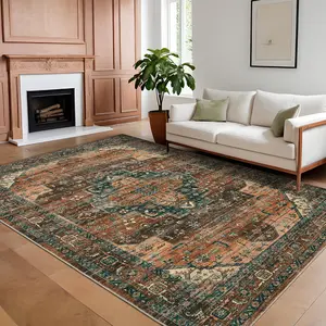 Washable Vintage-Style Printed Rug, Stain-Resistant Non-Slip Ultra Thin Foldable Soft Non-Shedding Floor Mat for Bedroom, Office, Restaurant, Farmhouse carpet