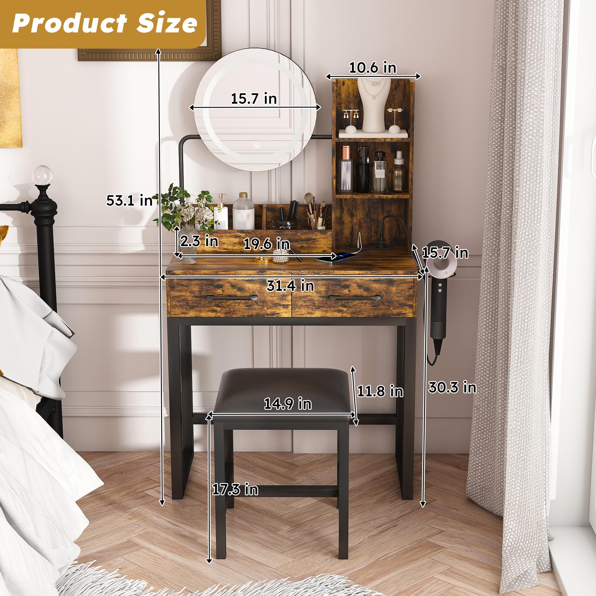 Small Makeup Vanity Desk with Large Mirror and Lights, Vanity Table with 2 Storage Drawer & Open Shelves, 3 Lighting Colors,LED Mirror Adjustable Brightness Brown Makeup Vanity