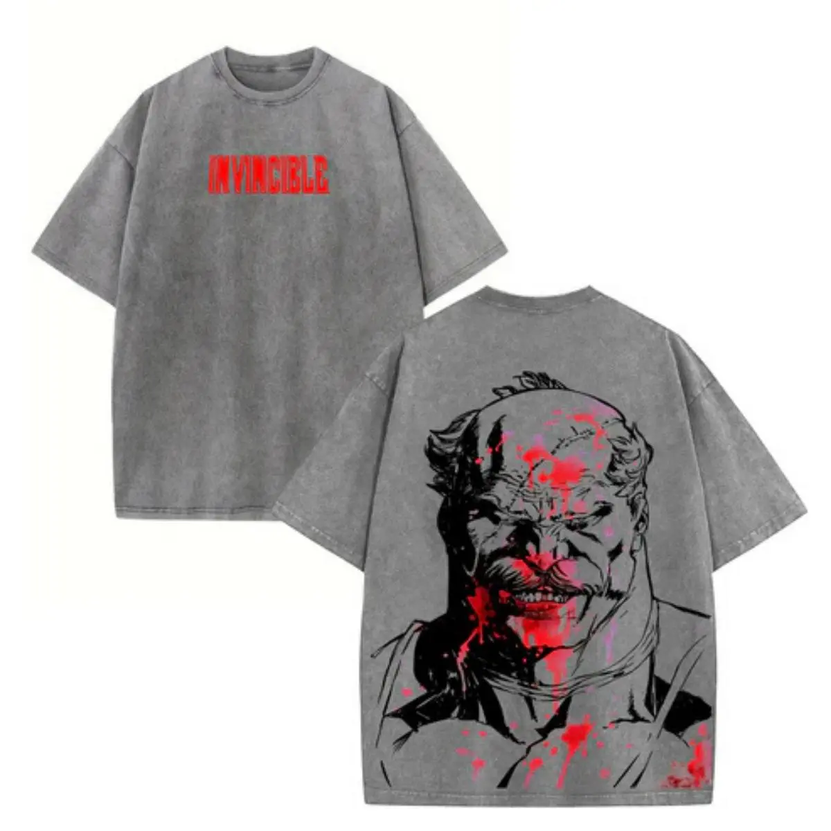 Men's Vintage Anime Oversized Cotton T-Shirt - Breathable Fashion Sweat Fabric, Conquest Invincible Double Print Heavyweight Tee