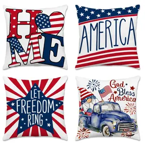 4PCS July 4th American Flag Patriotic Pillow Cover, Red & Blue Star Independence Day Home Textile Decoration, Cushion Cover for Living Room Sofa