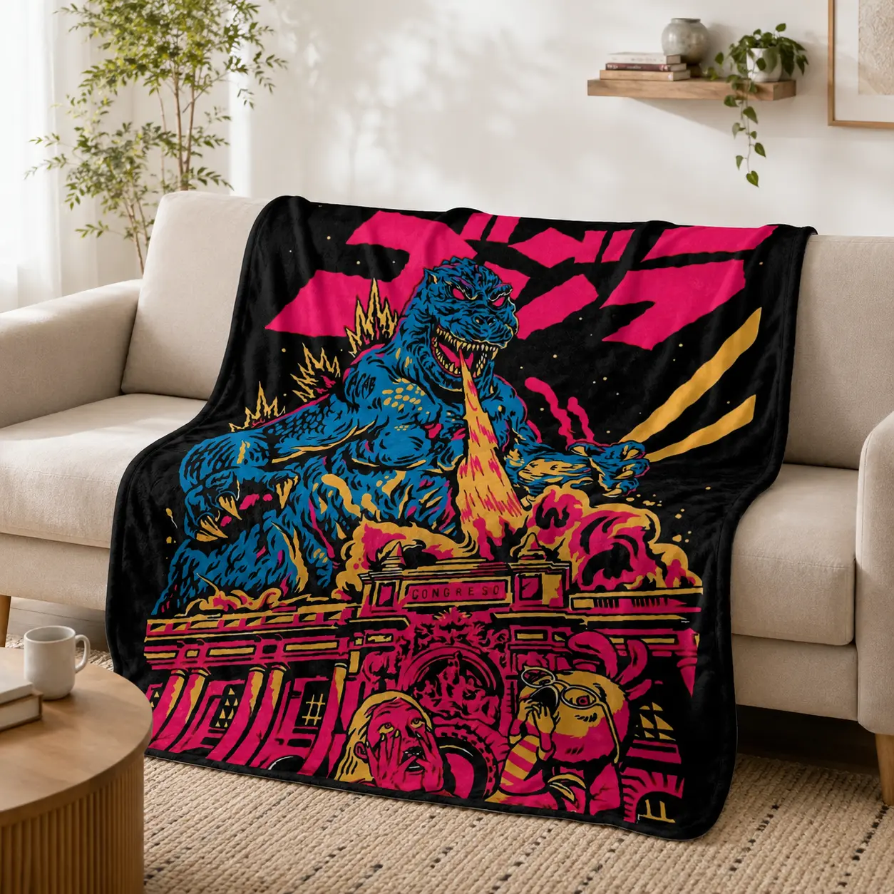 Retro Neon Godzilla Kaiju Monster City Attack Flannel Throw Blanket, Soft Fuzzy Plush Blanket for Couch Bed Dorm Man Cave, All Season Cozy, Cool Gift for Classic Movie Fans, Vintage Japanese Monster Comic Art Bedroom Home Decor